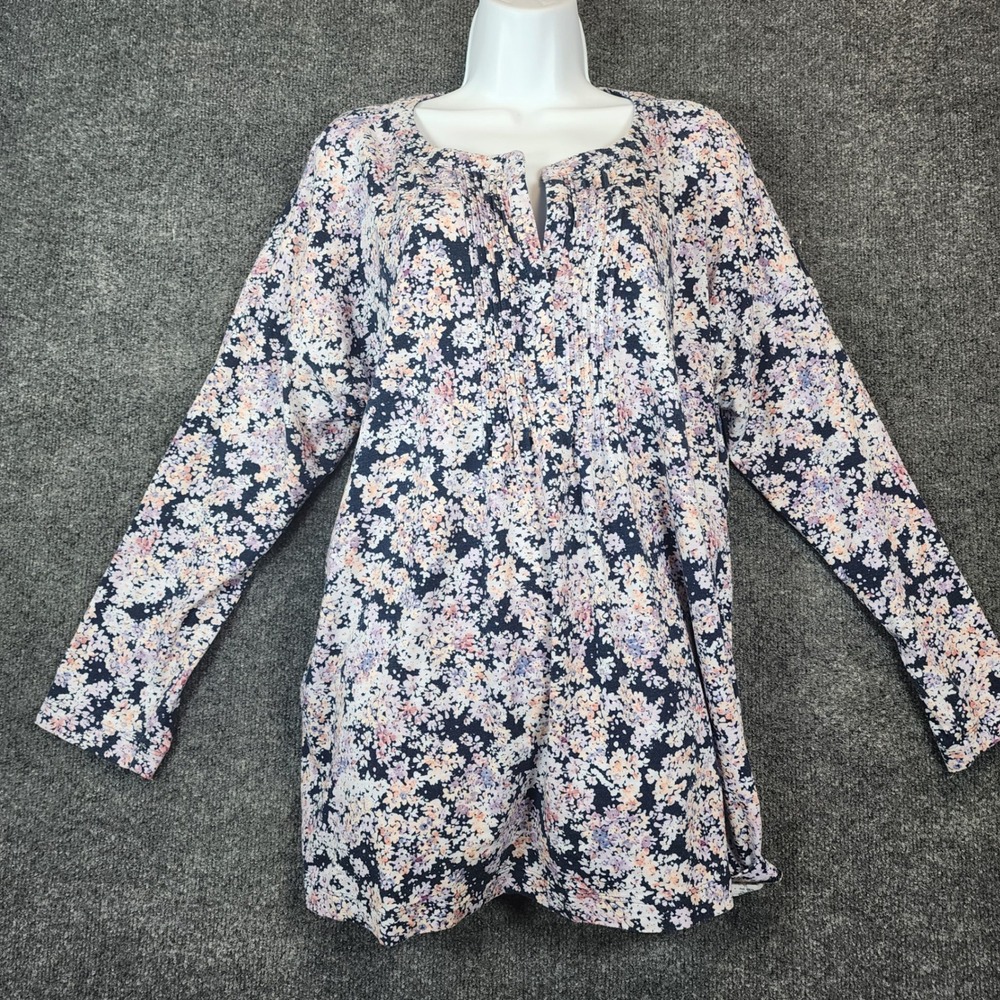 J. Jill Floral Pintuck Tunic Top XL Tencel Modal Stretch Long‎ Sleeve Blouse